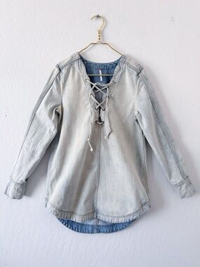 Free People Indigo Lace Up Denim Tunic Top Long Sleeve Bohemian Small